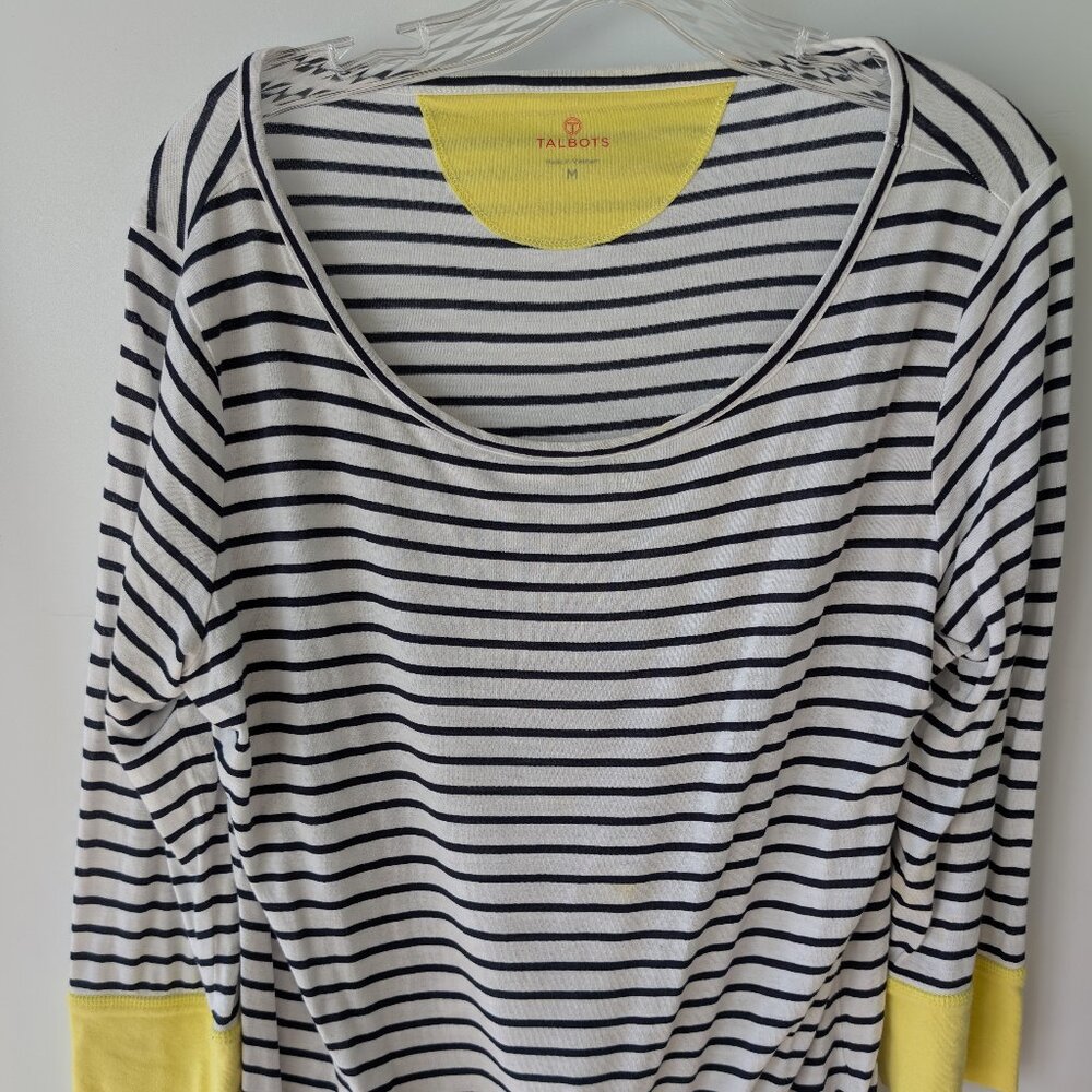 Talbots Bateau Neck Striped Tunic Top M White Black Yellow Cuffs Preppy